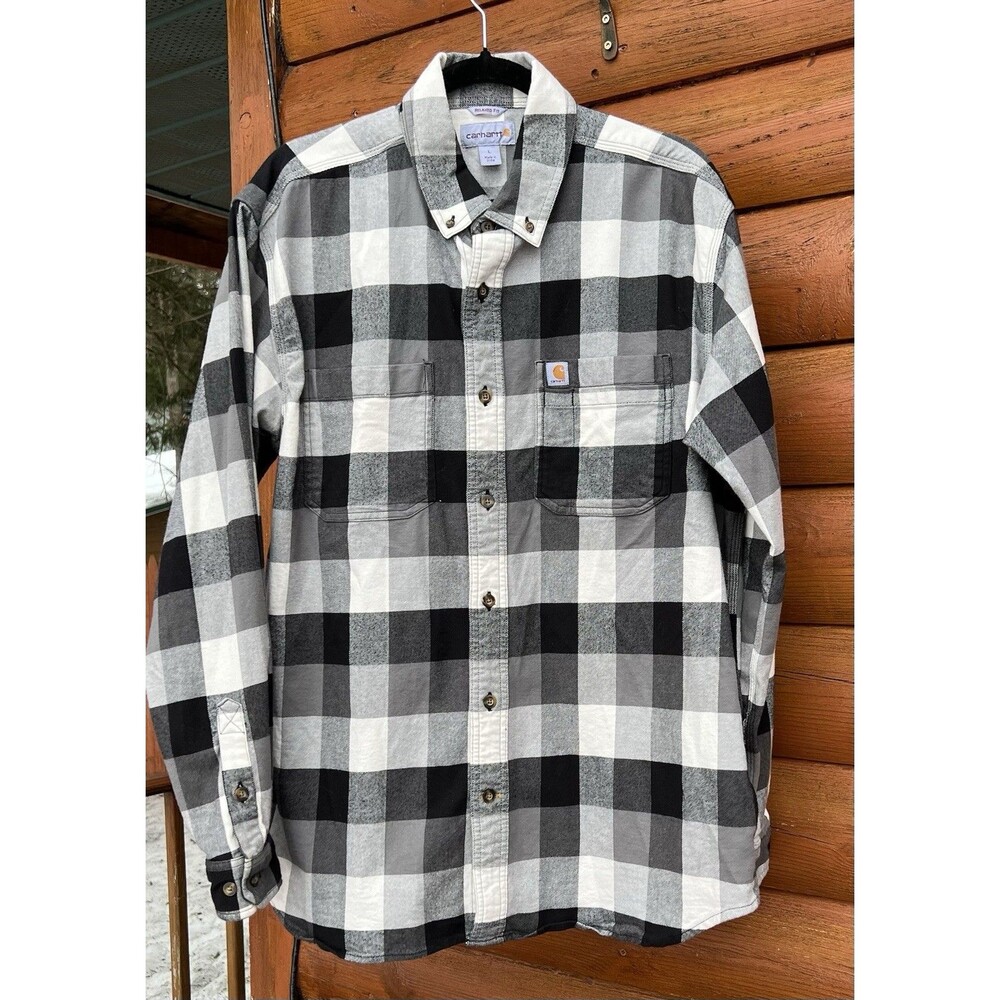 Carhartt Relaxed Fit Flannel Shirt Black Gray White Mens L Excellent Condition